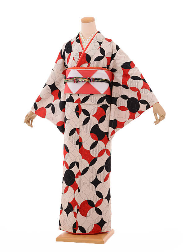小紋602(化繊)ﾓﾀﾞﾝｱﾝﾃﾅ 赤黒七宝 | 着物レンタルの京都かしいしょう