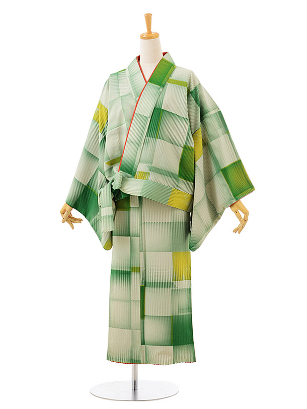 二部式着物 0015【モダンアンテナ】 緑 市松斜め縞 着物レンタルの京都かしいしょう