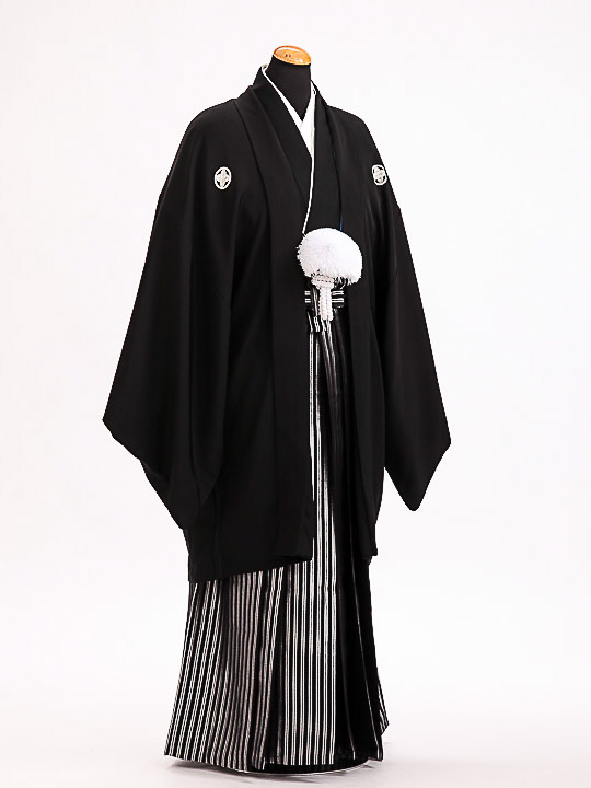 卒業式成人式袴ﾚﾝﾀﾙ137*4正絹黒紋付/黒銀縞