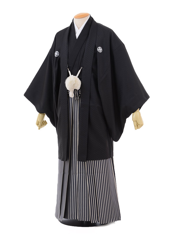 卒業式成人式袴ﾚﾝﾀﾙ152黒紋付×紺ｼﾙﾊﾞｰ袴