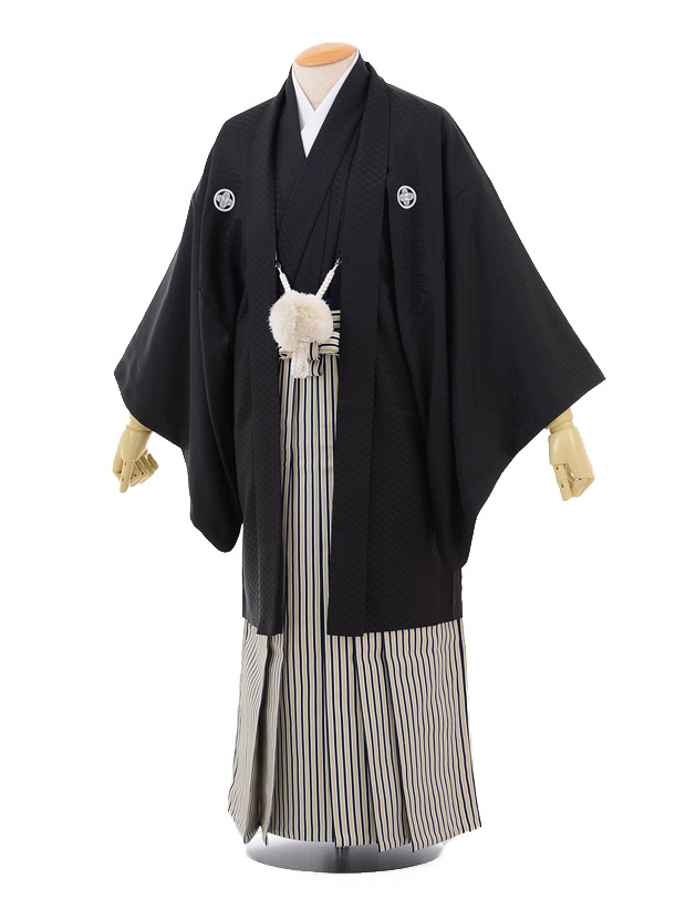 卒業式成人式袴ﾚﾝﾀﾙ156黒紋付×紺白ｺﾞｰﾙﾄﾞ