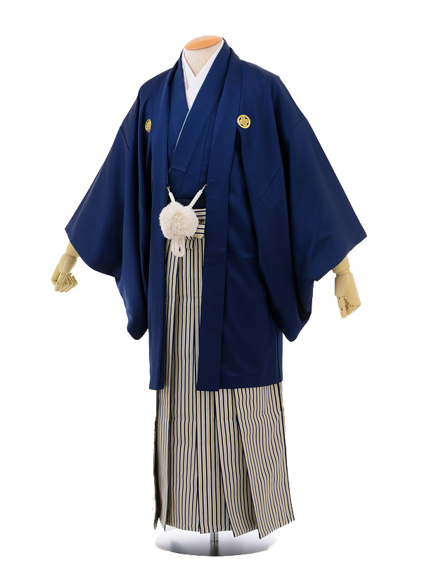 卒業式成人式袴ﾚﾝﾀﾙ165紺紋付×紺ｺﾞｰﾙﾄﾞ縞