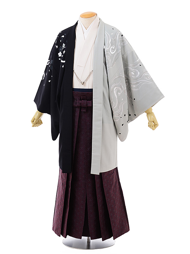 卒業式成人式袴ﾚﾝﾀﾙ215 JAPANSTYLE　ｸﾞﾚｰ黒虎×紫袴