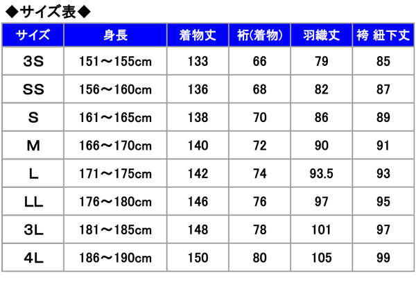 男性用袴レンタル 1AF0006 サイズ表 | 着物レンタルの京都かしいしょう
